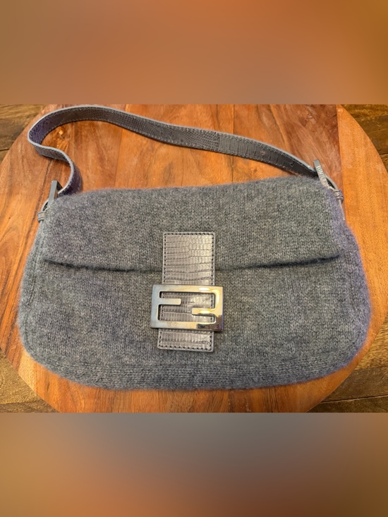 Fendi Handbags - Fendi Gray Cashmere Wool Shoulder Bag with Snakeskin Leather and Silver Hardware